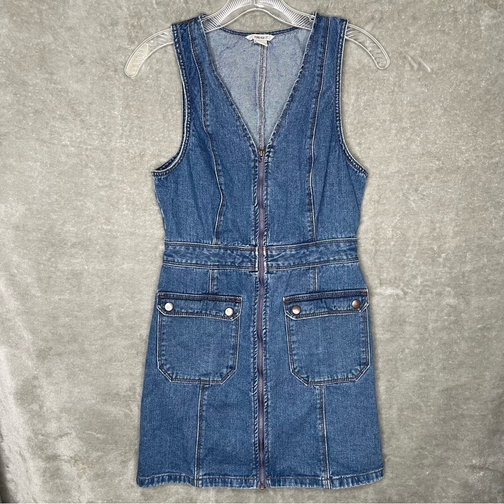 Forever 21 Denim Sleeveless Full Zip Dress with Pockets Size Small Preppy Y2K